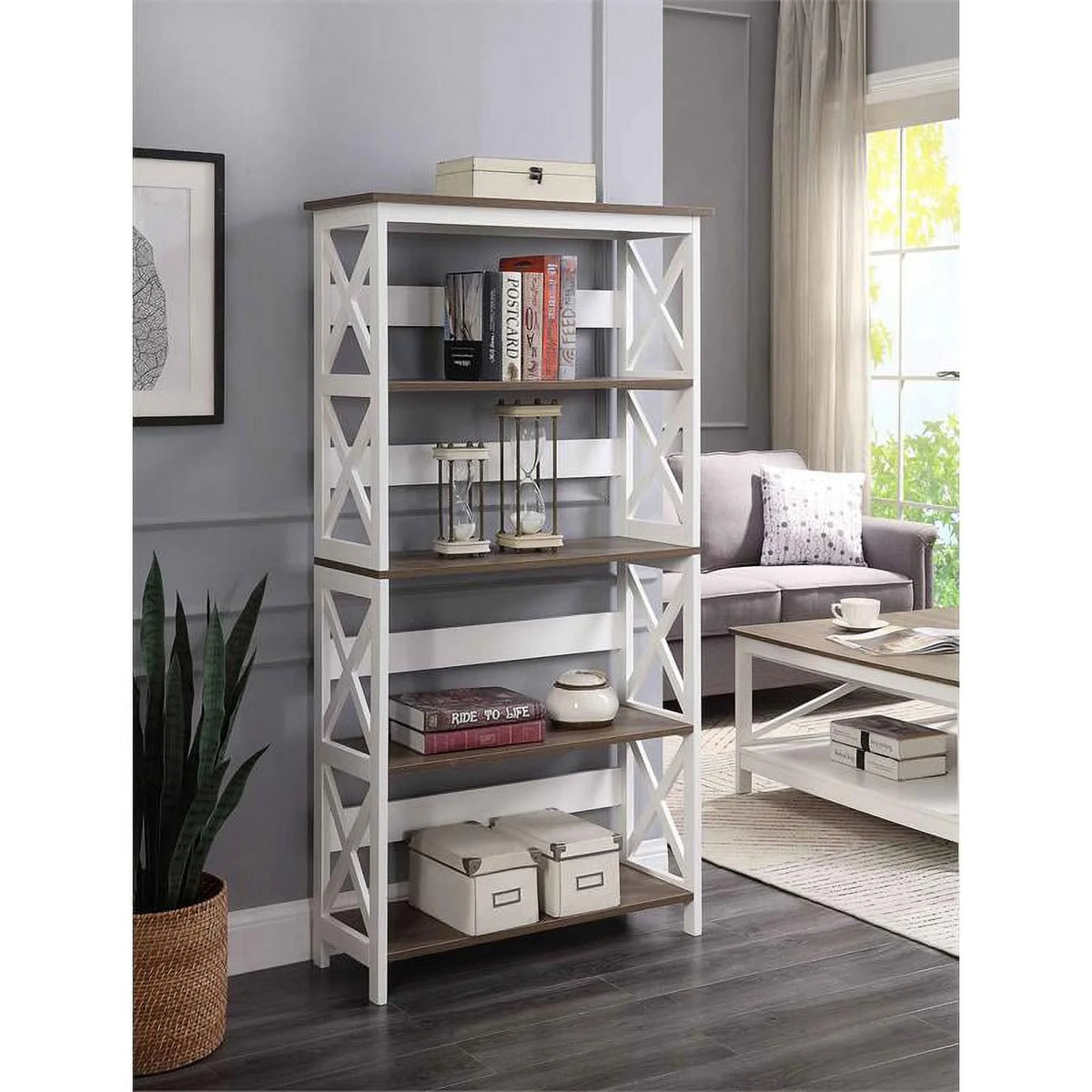 White 5 Tier Wood Bookcase Set of 2 C17327