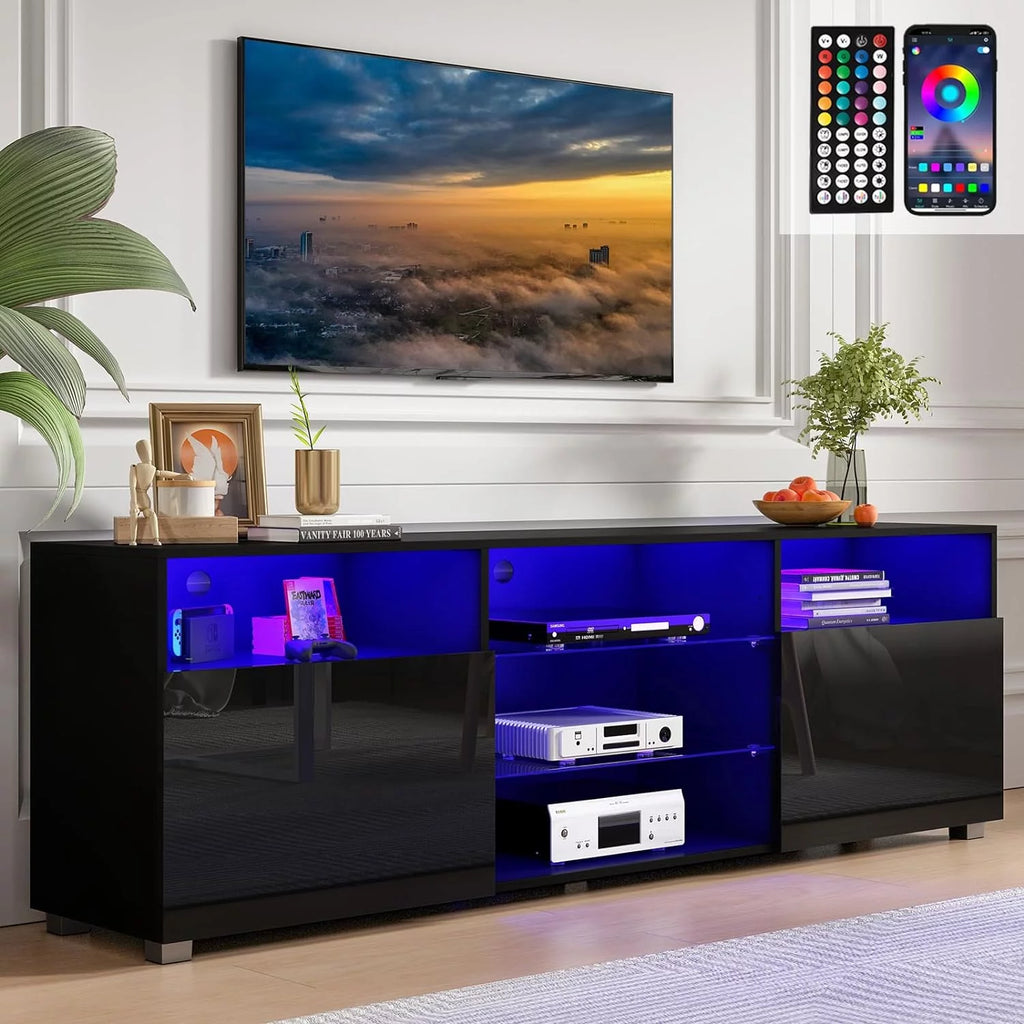 Black LED TV Stand with Glossy Cabinets W7795