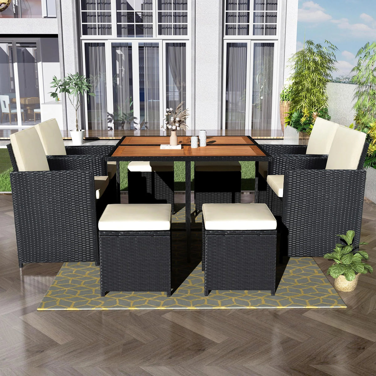 9 Piece Rattan Wicker Patio Dining Set with Ottoman J418454