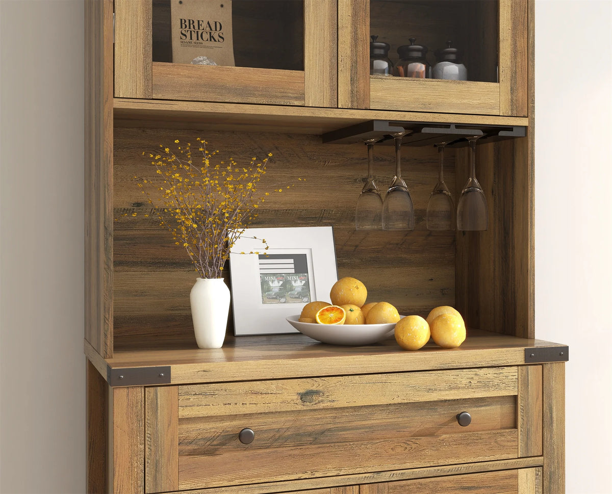 Farmhouse Kitchen Hutch Storage Cabinet with Glass Rack, Drawers, Adjustable Shelves S518334