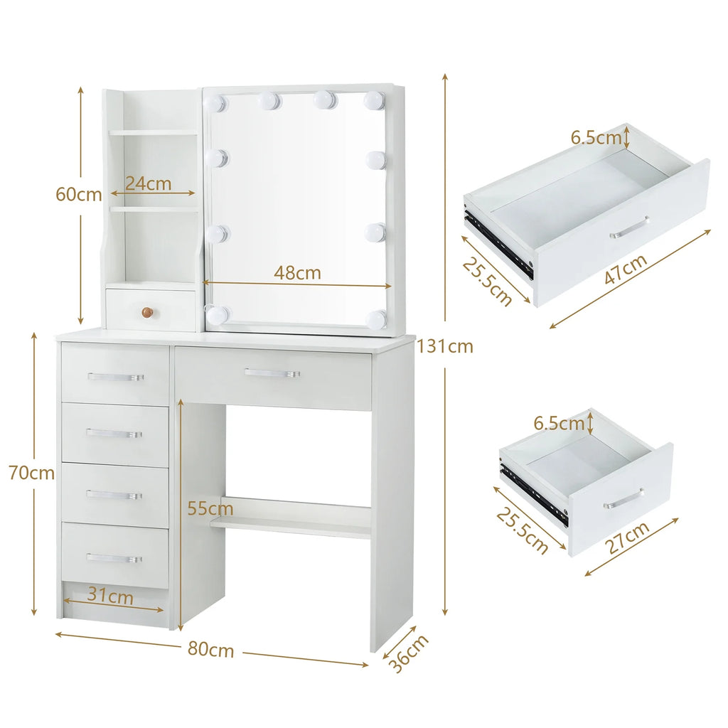 White Vanity Set with Lighted Mirror and Stool D9958