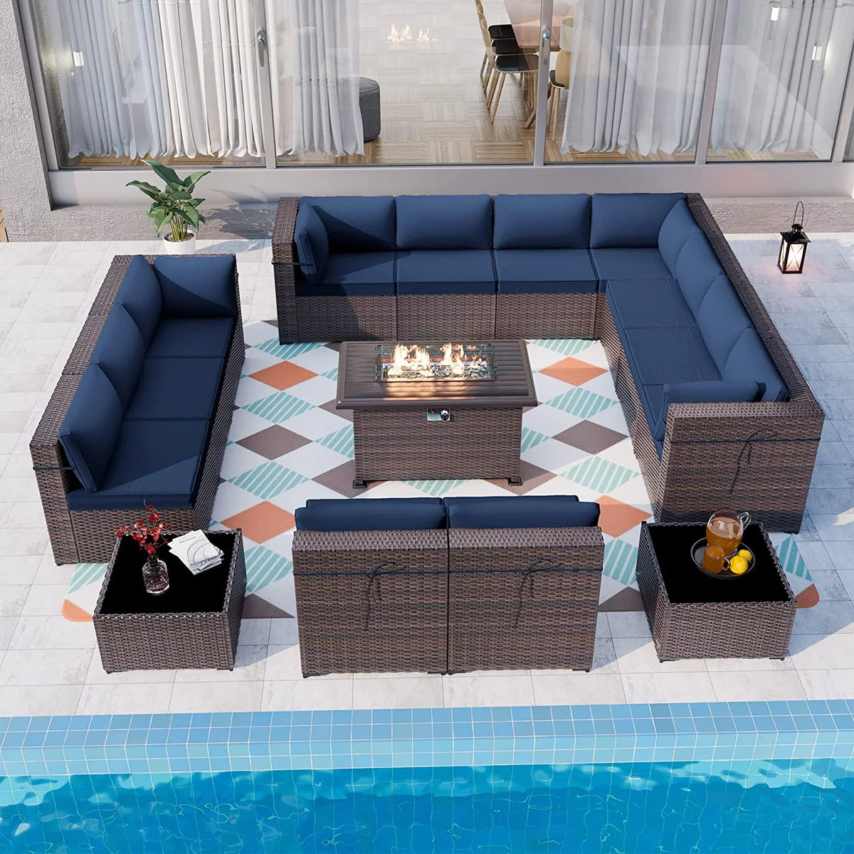 15 Pieces Outdoor Patio Furniture Set with Propane Fire Pit Table Navy Blue P7385