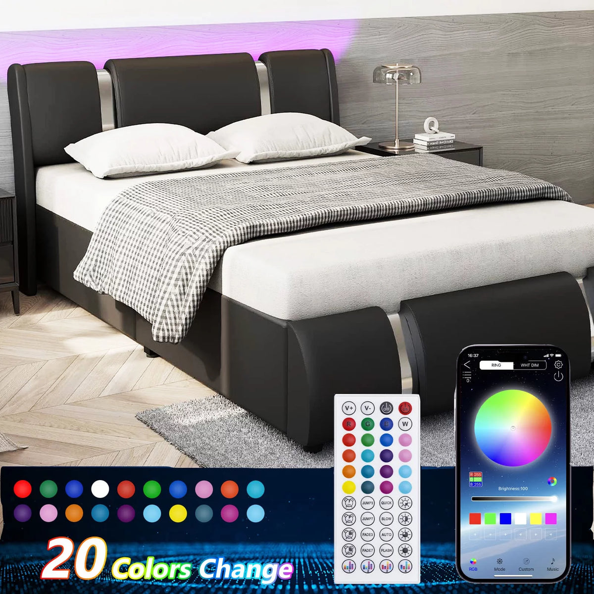 Faux Leather Full Size Platform Bed with LED Light and Adjustable Headboard I669663