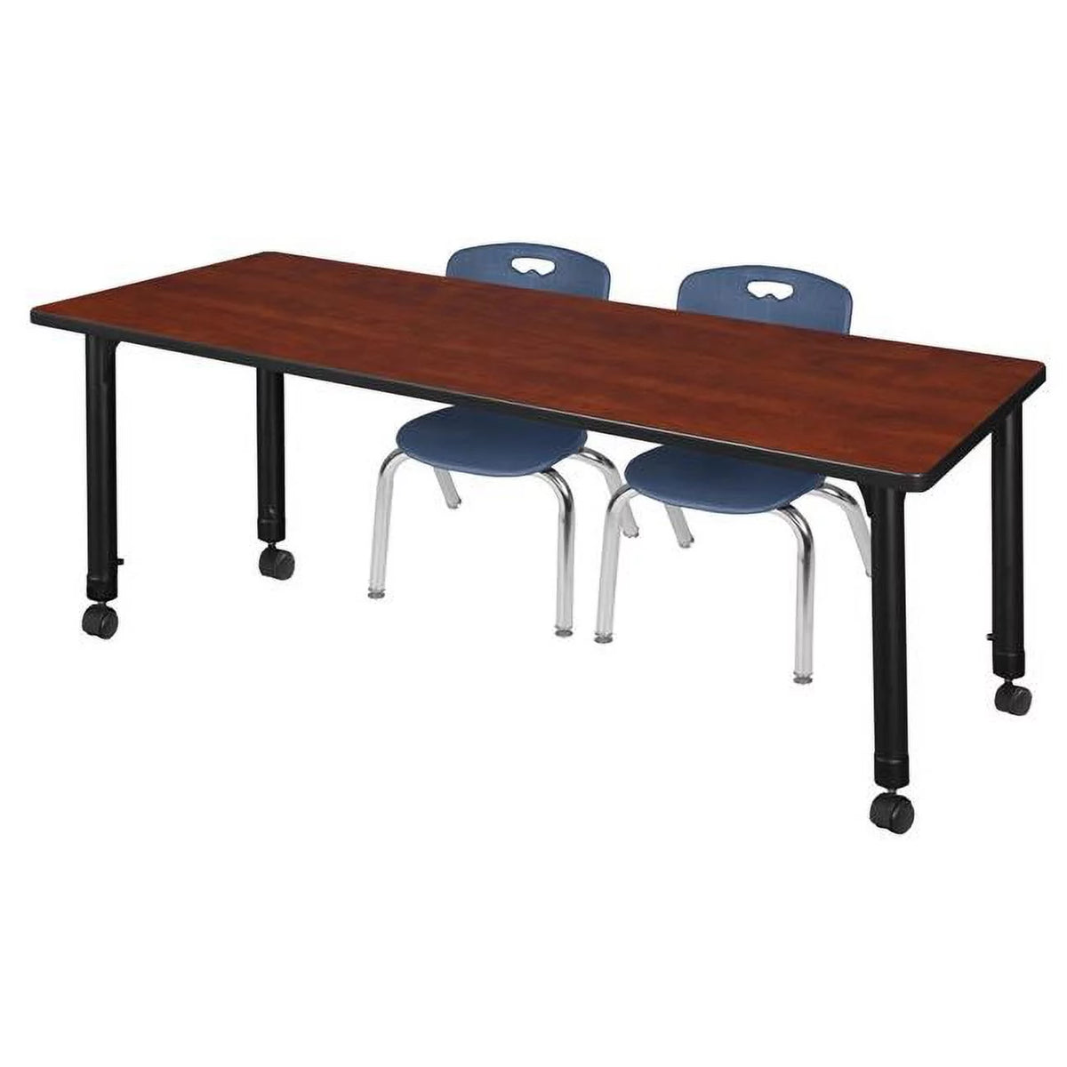 66 x 30 in. Height Adjustable Mobile Classroom Table, Cherry 12 in. Stack Chairs - Navy Blue W757