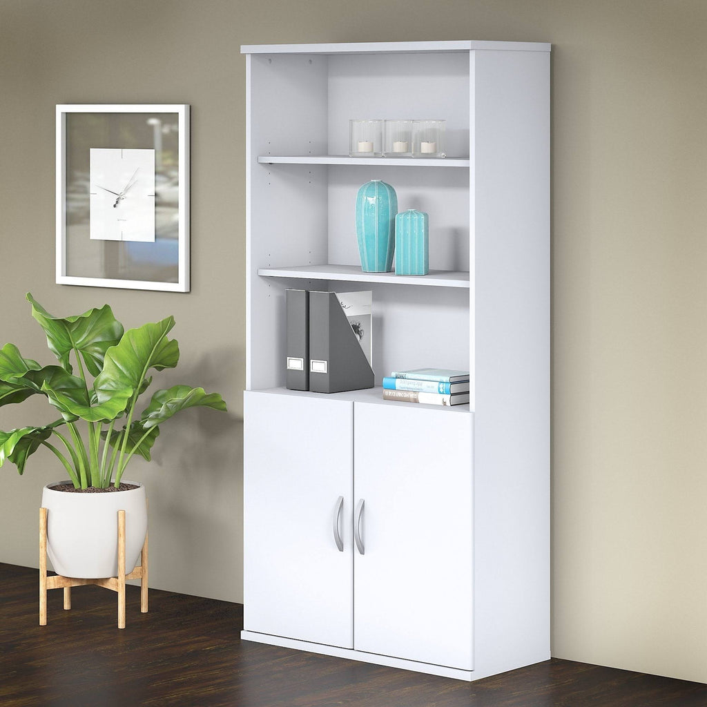 White 5 Shelf 2 Door Wood Composite Bookcase H736