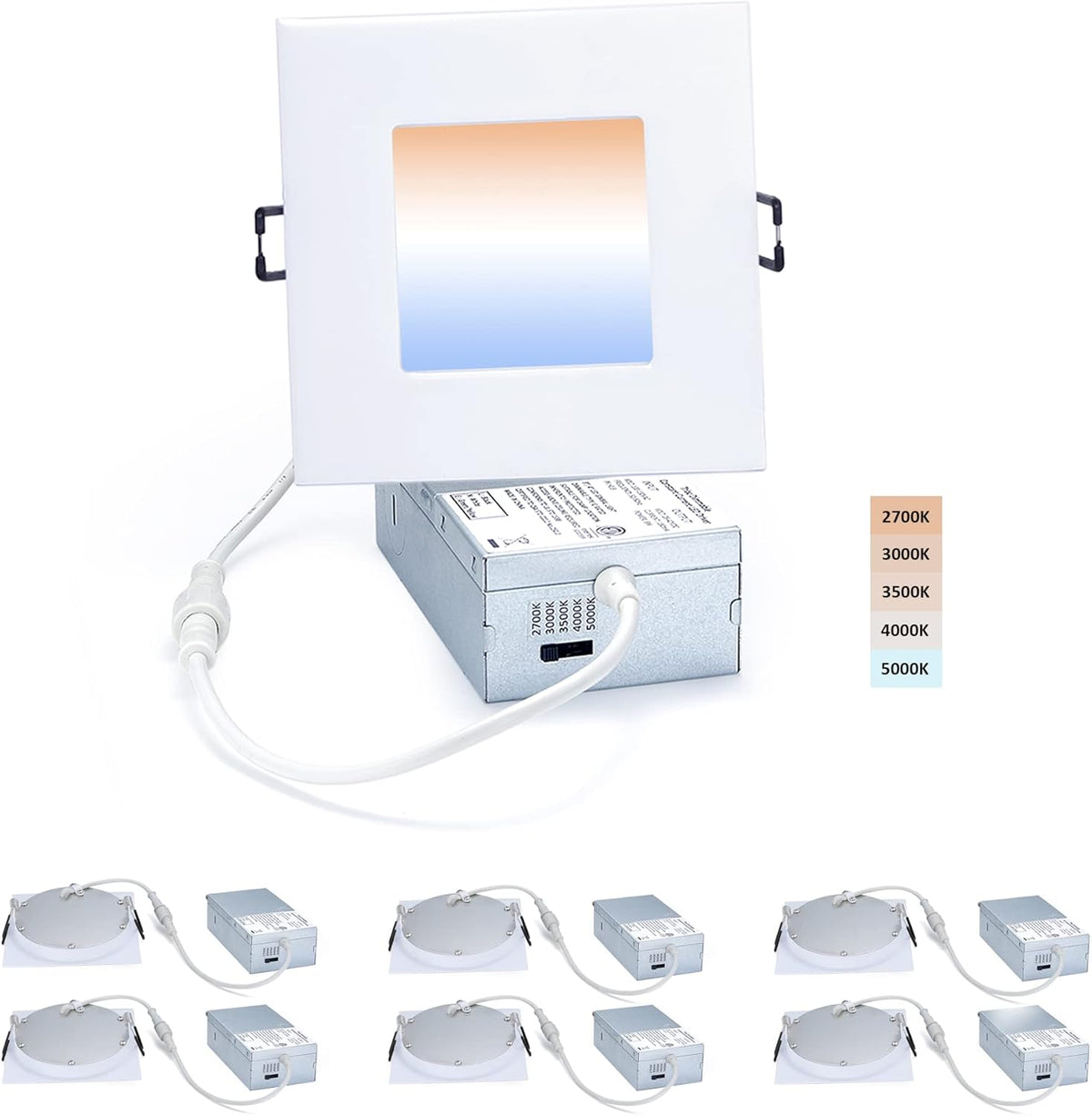 4-inch LED Canless Recessed Slim-Downlight, 5 CCT Adjustable Dimmable, 2700-5000K, 9W, Black Square Finish, 6 Pack Y8276