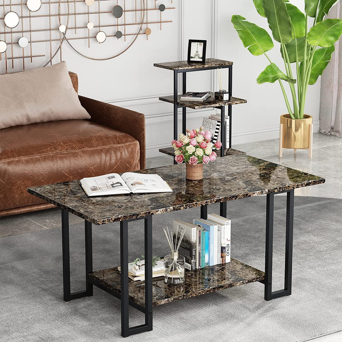 Faux Marble Coffee Table Set of 3 with Metal Legs Y243130