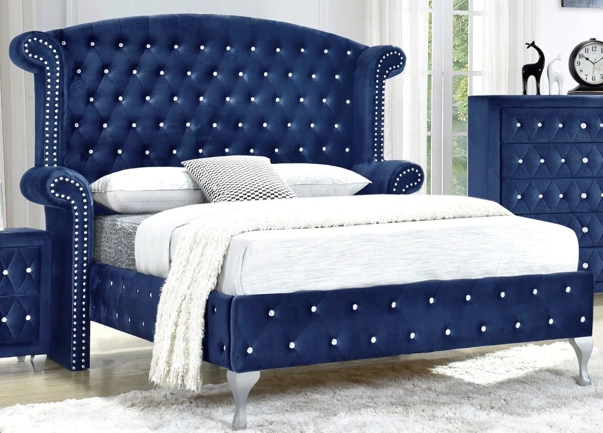 Blue Velvet 6Pc King Size Bedroom Furniture Set O97847
