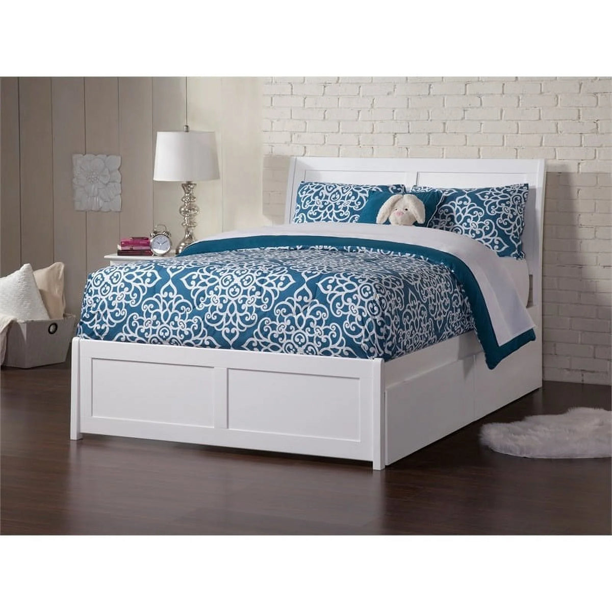 White Solid Wood Full Storage Platform Bed O2607