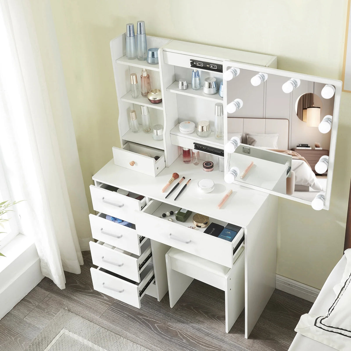 White Vanity Set with Lighted Mirror and Stool D9958