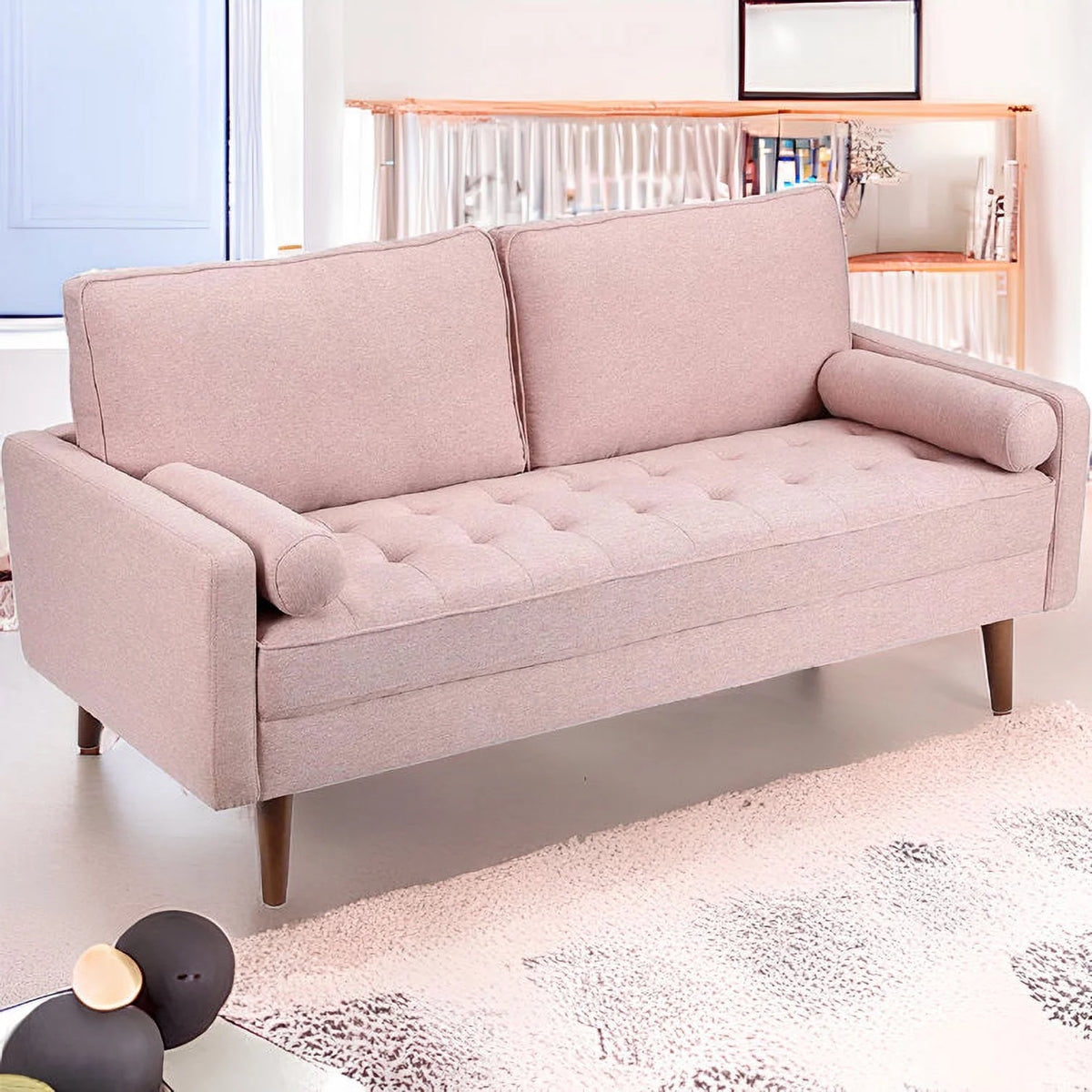 Pink Linen 2 Seater Sofa with 2 Pillows D487333