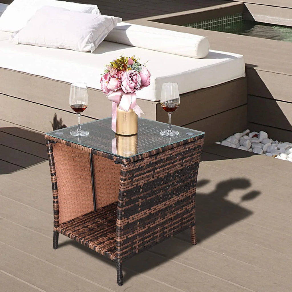 Rattan Side Table with Glass Top Storage E622