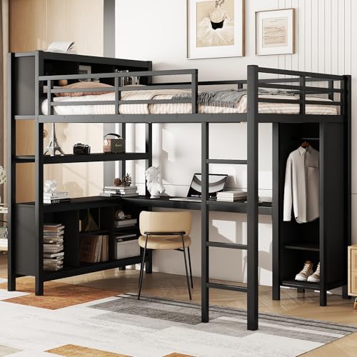 Metal Loft Bed with Wardrobe & L-Shaped Desk, White Queen A238158