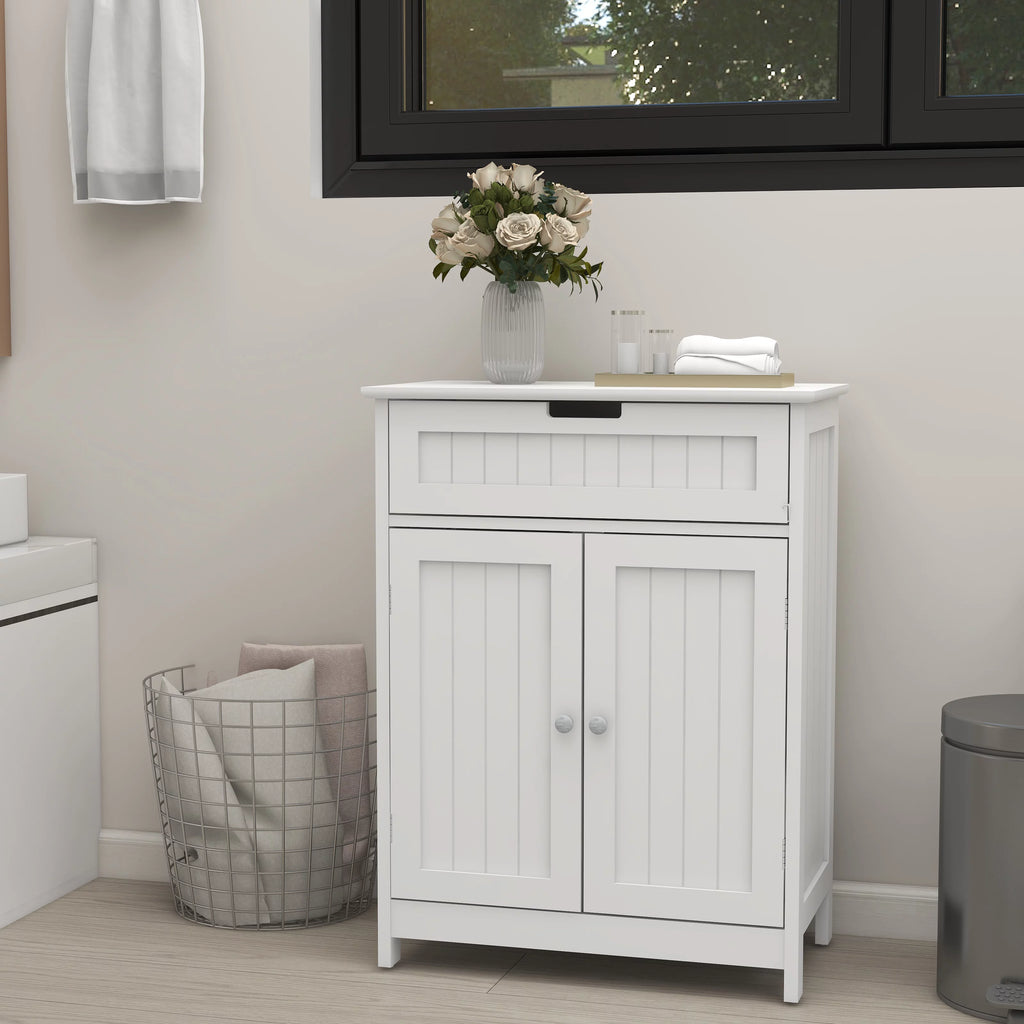 White Wood Bathroom Floor Cabinet 2 Doors 1 Drawer O613053
