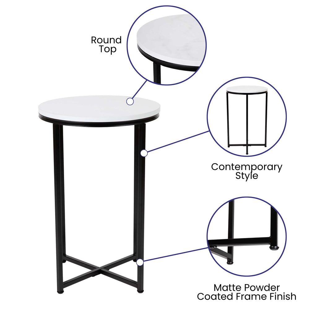 Modern End Table with Black Metal Frame and White Laminate Top L2478