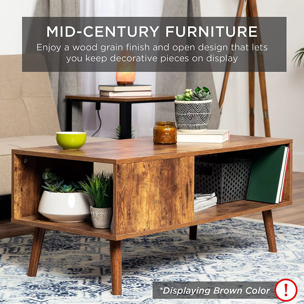 Mid-Century Modern Wooden Coffee Table with Open Storage Shelf B947