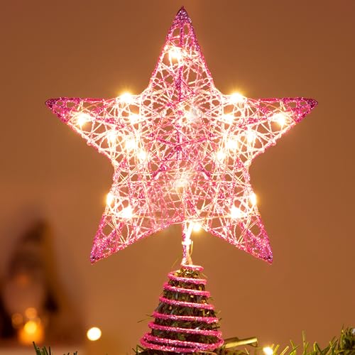 8 inch Gold Glitter Star Tree Topper Metal Lighted with 20 LED Lights W3581