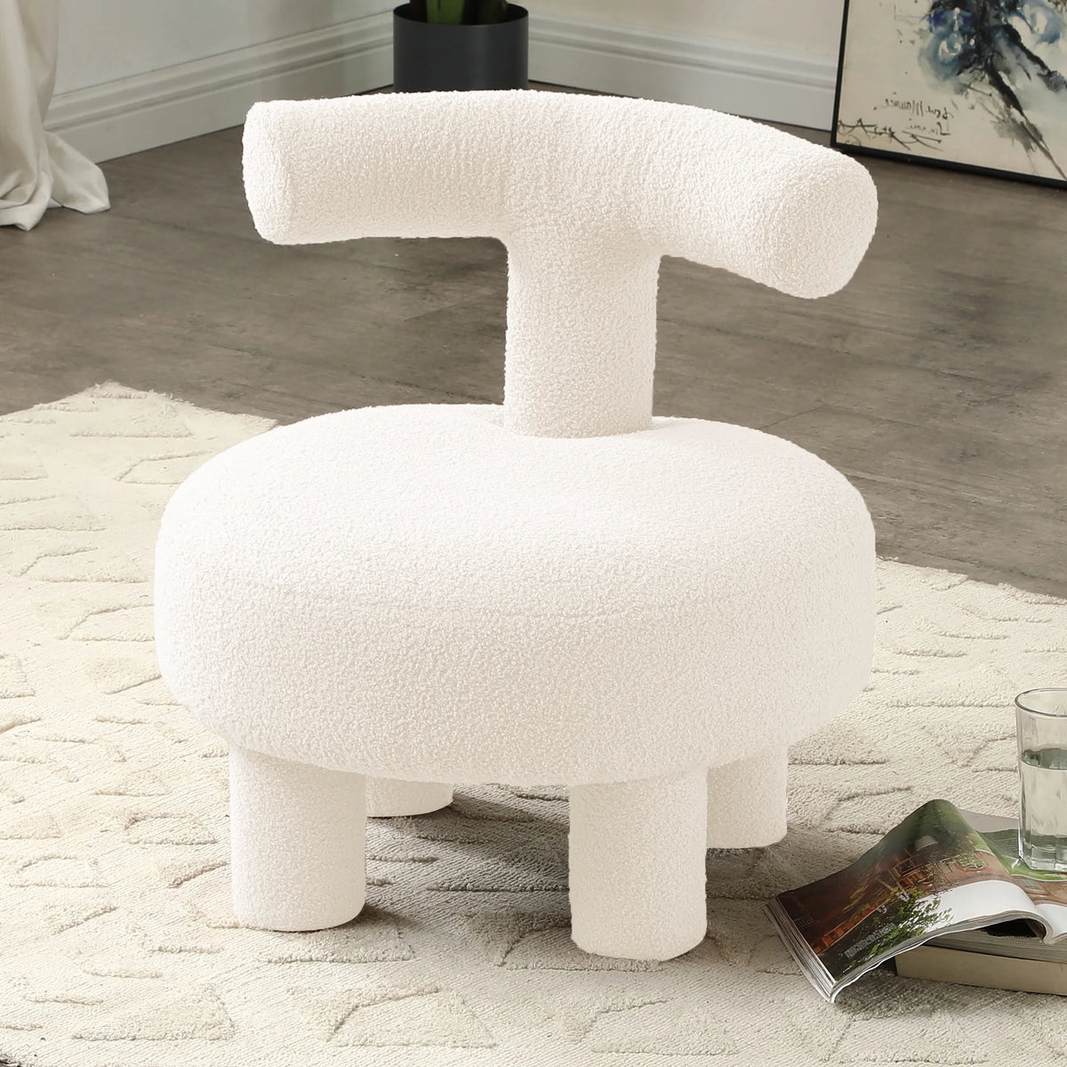 Sherpa Fabric Upholstered Ottoman Pouf R137