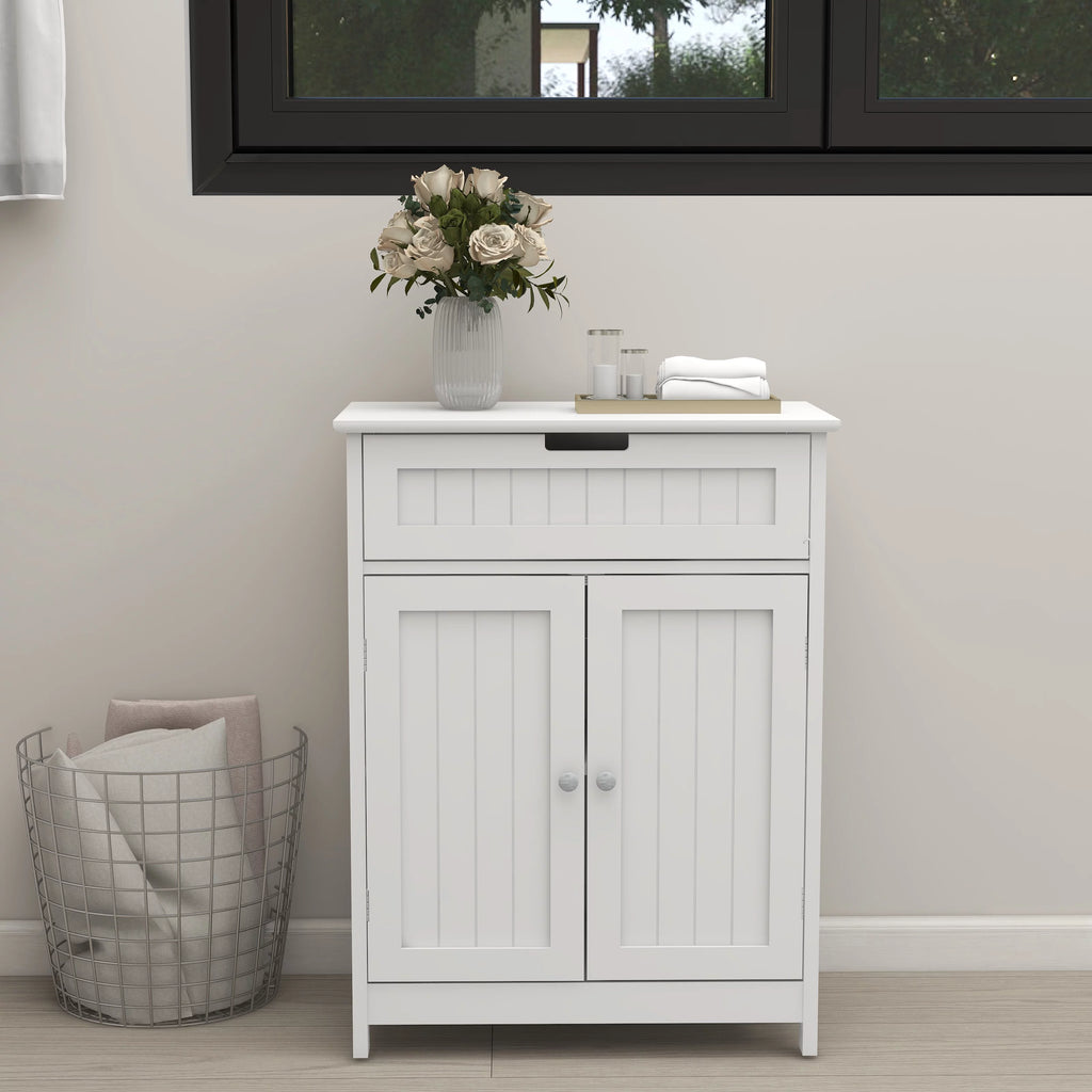 White Wood Bathroom Floor Cabinet 2 Doors 1 Drawer O613053