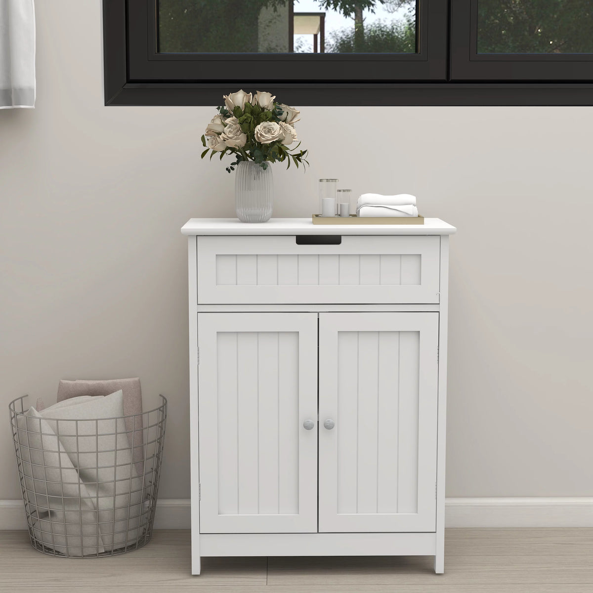 White Wood Bathroom Floor Cabinet 2 Doors 1 Drawer O613053
