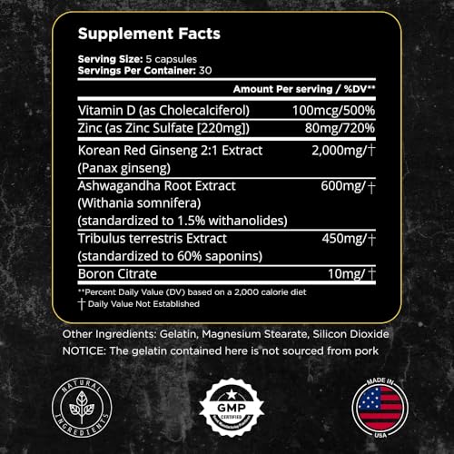 150 Capsules Tribulus Terrestris Ginseng Vitamin D3 Ashwagandha Supplement T236051