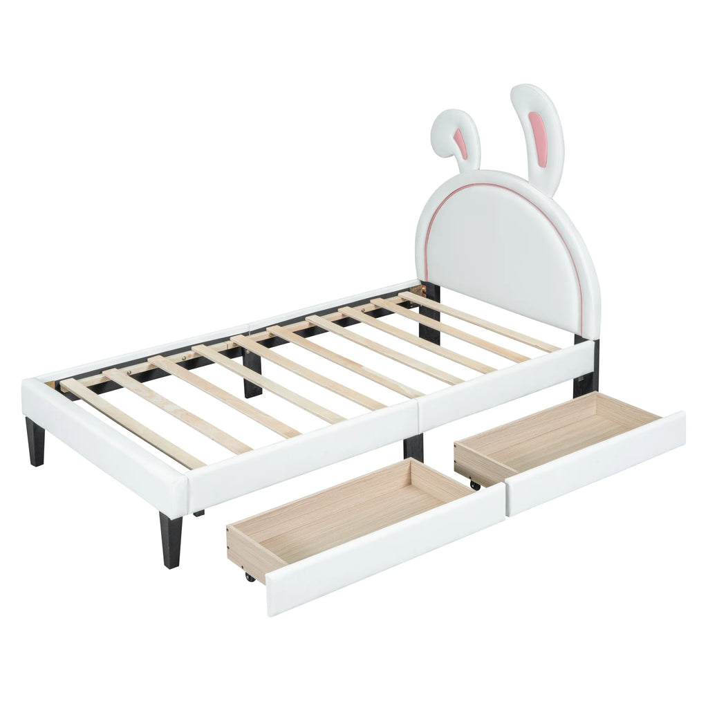 White Twin Size Upholstered Leather Platform Bed with 2 Drawers E18332