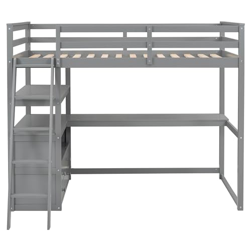 Twin Size White Solid Wood Loft Bed with Wardrobe, Desk and Shelves D202