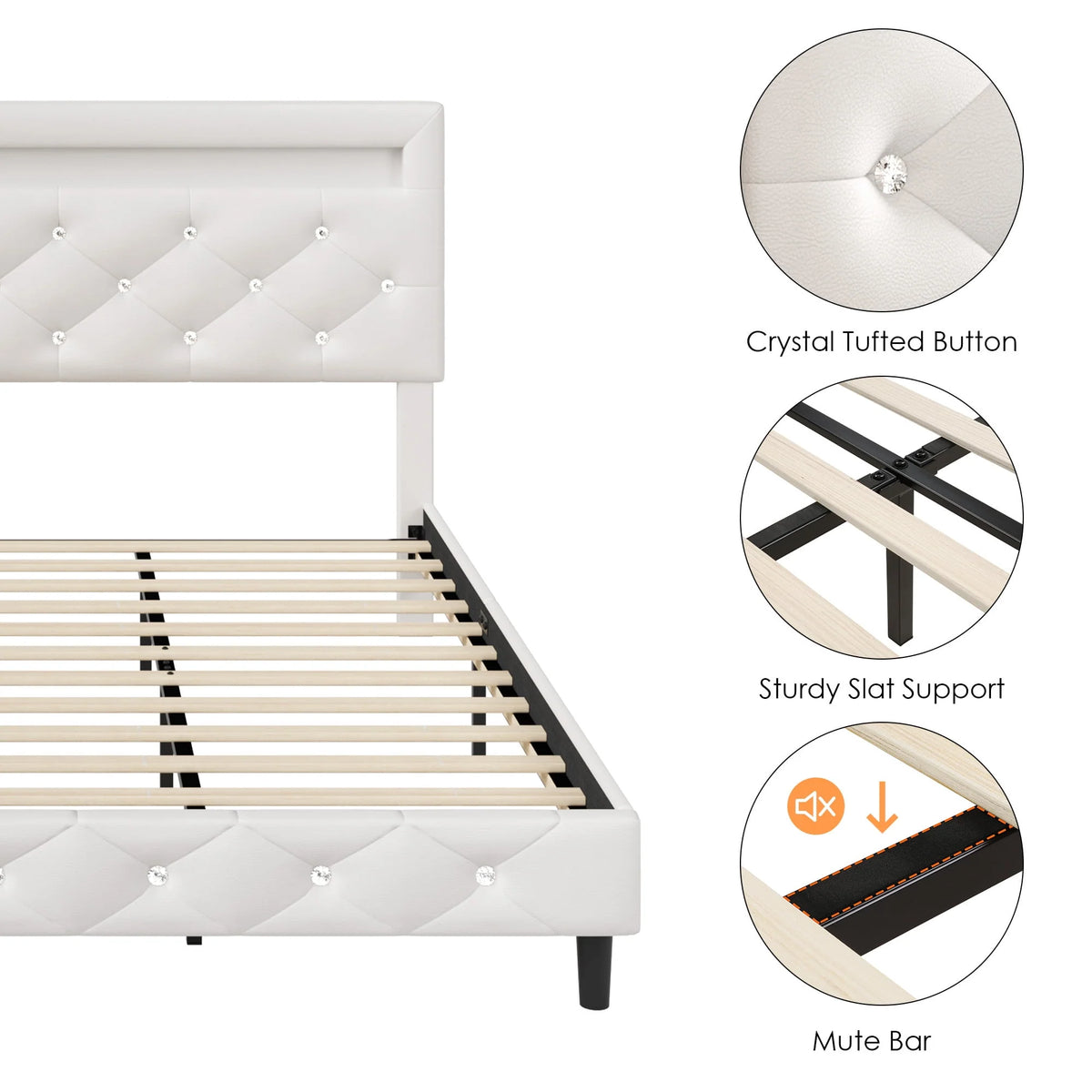 Full Size Black PU Upholstered Platform Bed Frame with LED S254