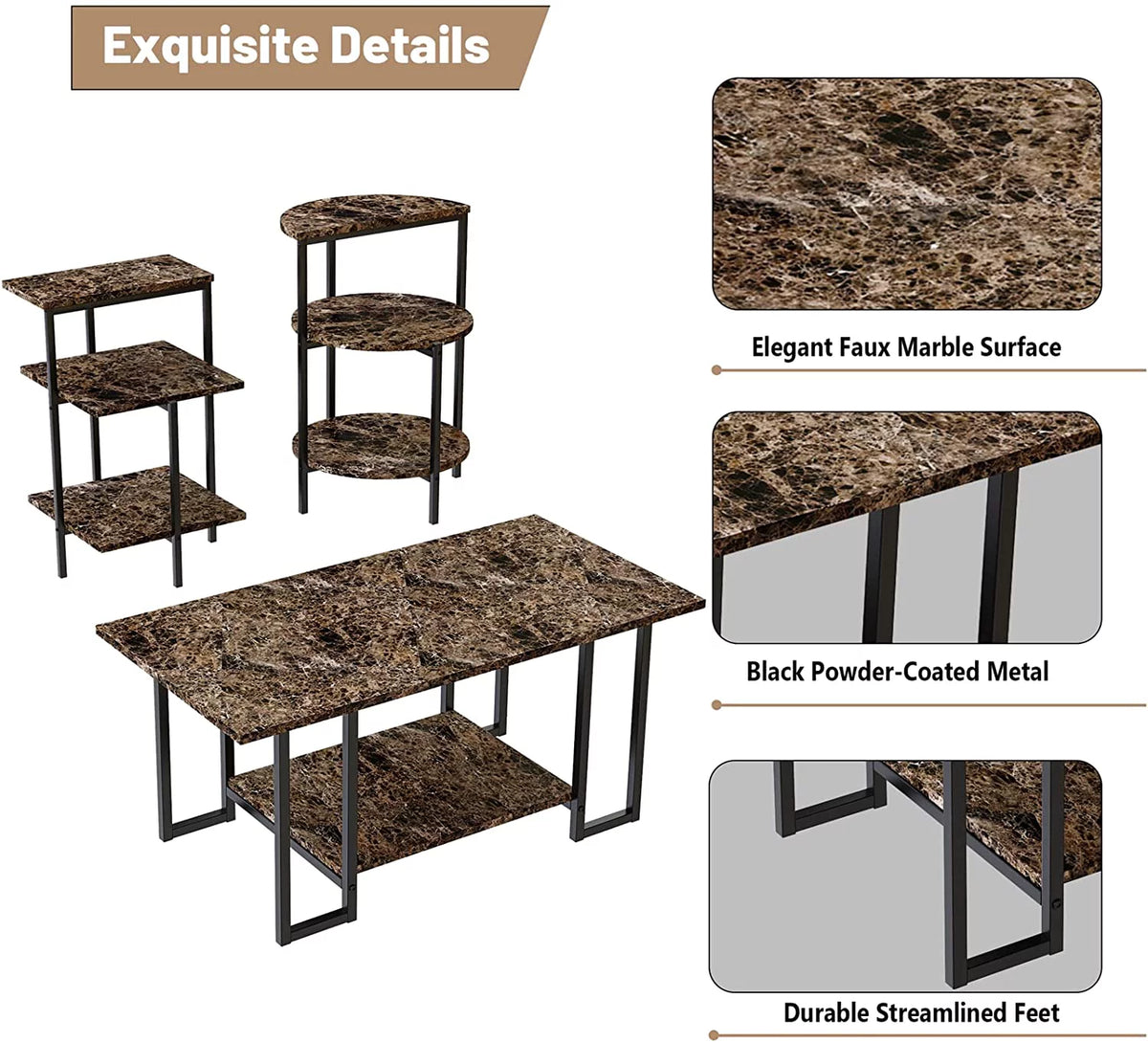 Faux Marble Coffee Table Set of 3 with Metal Legs Y243130