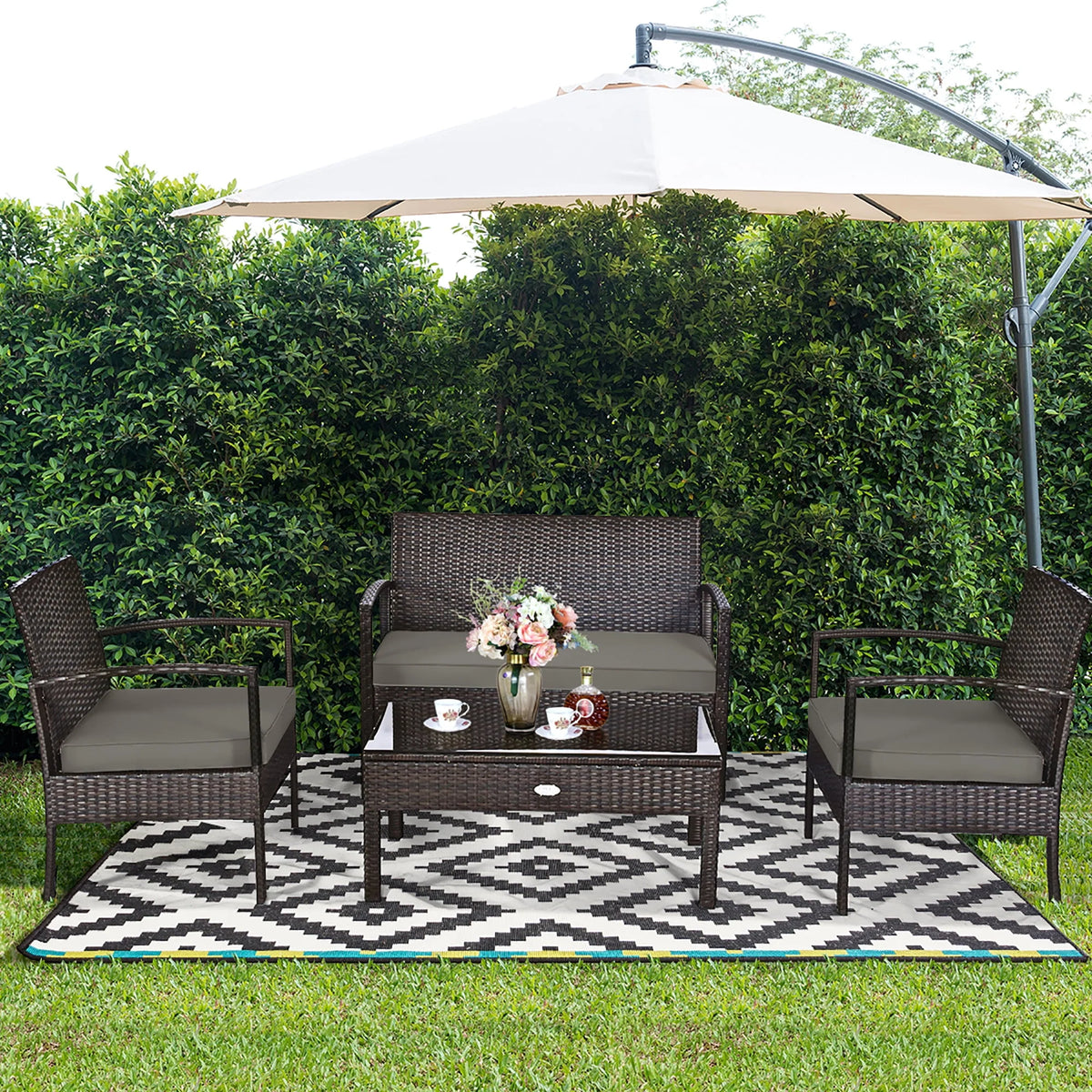 4 Pc Outdoor Patio Rattan Furniture Set Cushioned Sofa Coffee Table O686