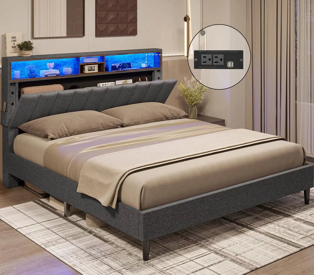 Queen Size LED Bed Frame with Outlet and USB Ports F182277