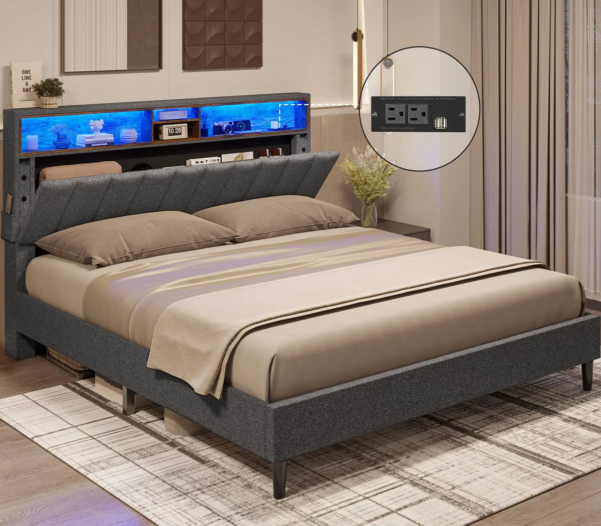 Queen Size LED Bed Frame with Outlet and USB Ports F182277