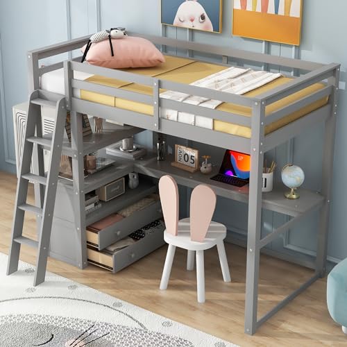 Twin Size White Solid Wood Loft Bed with Wardrobe, Desk and Shelves D202