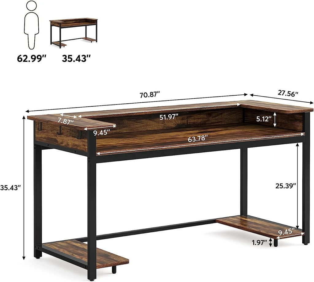 Black Rustic Brown Computer Desk with Monitor Stand W4477