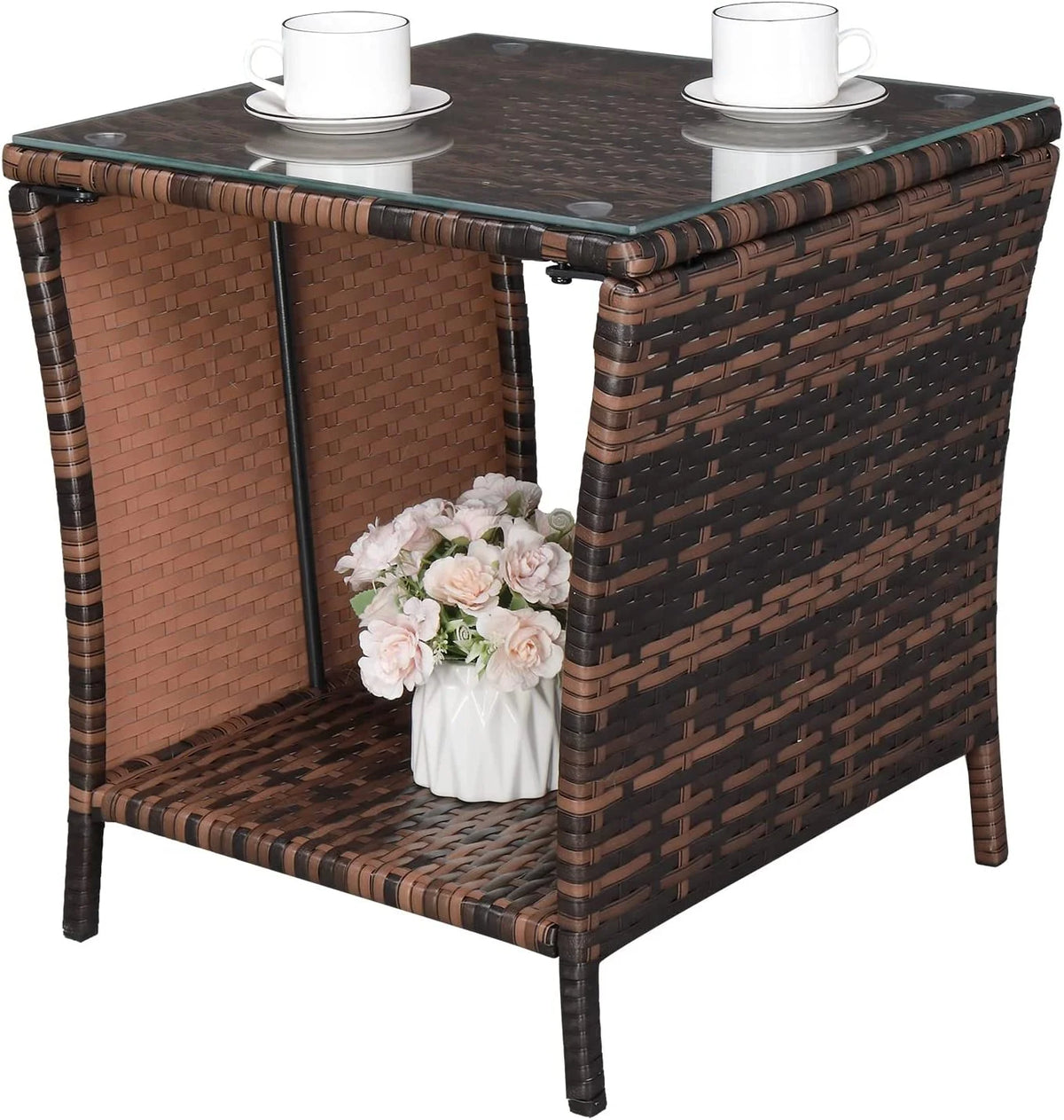Rattan Side Table with Glass Top Storage E622