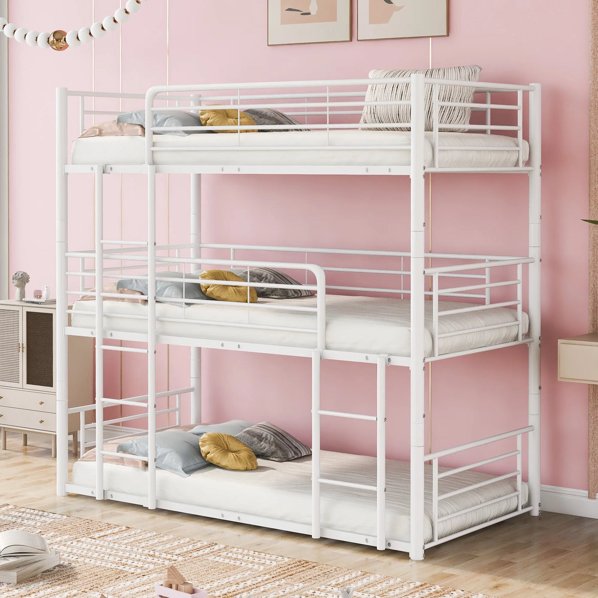 White Metal Triple Bunk Bed Twin Over Twin Over Twin with Built-in Ladder E140506