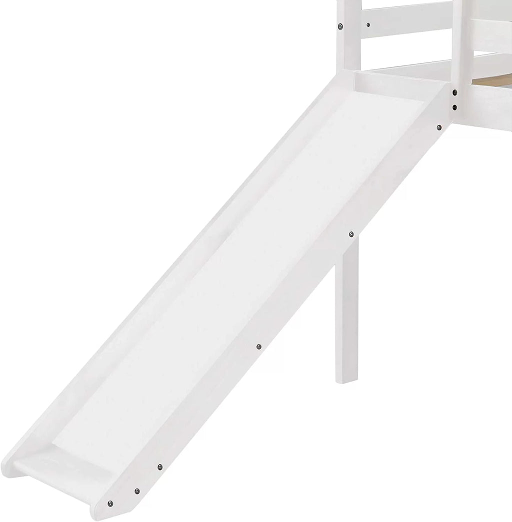 White Twin Size Wood Loft Bed with Slide and Ladder P7468