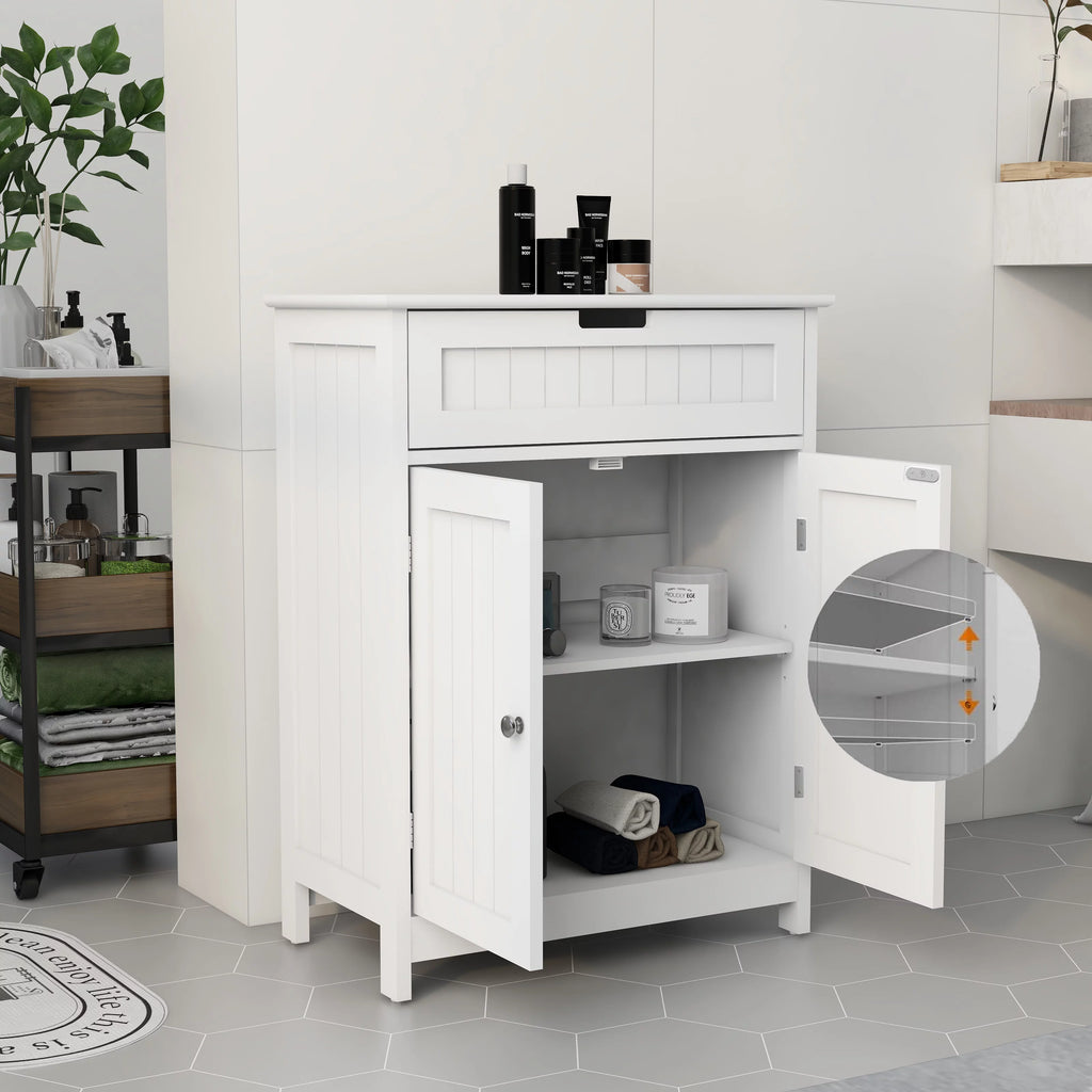 White Wood Bathroom Floor Cabinet 2 Doors 1 Drawer O613053