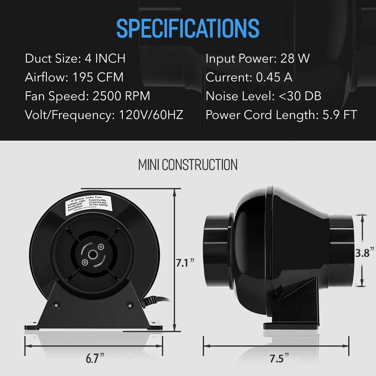 4 Inch 195 CFM Inline Fan Carbon Filter 8 Feet Ducting Combo with Variable Speed Controller J538