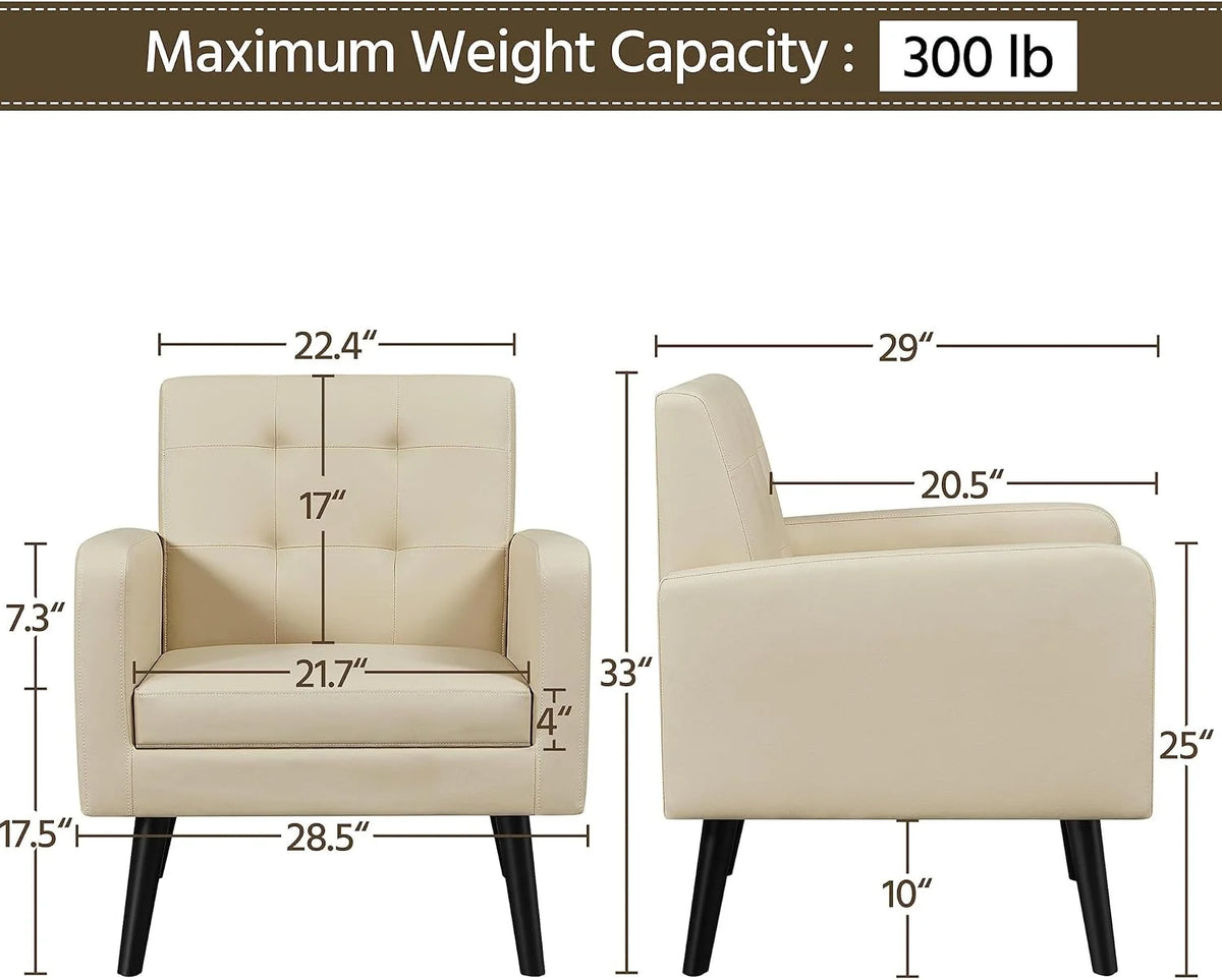 Beige PU Leather Tufted Accent Chair with Wood Legs K176