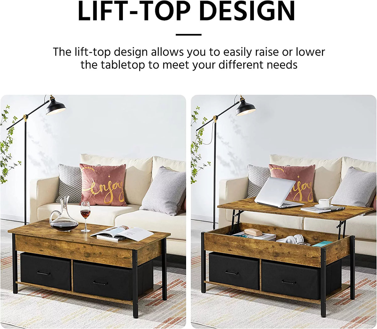 Lift Top Coffee Table with Hidden Storage and 2 Fabric Baskets U5435