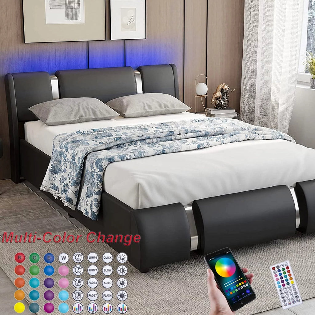 Faux Leather Full Size Platform Bed with LED Light and Adjustable Headboard I669663