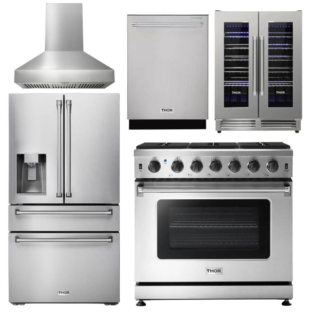 36 Inch Propane Gas Range, Range Hood, Refrigerator with Water and Ice Dispenser, Dishwasher, Wine Cooler J3963