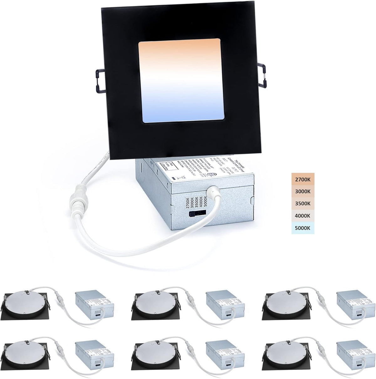 4-inch LED Canless Recessed Slim-Downlight, 5 CCT Adjustable Dimmable, 2700-5000K, 9W, Black Square Finish, 6 Pack Y8276
