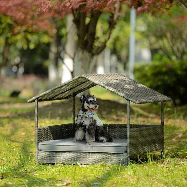 Dark Gray Medium PE Wicker Dog Bed with Canopy U285
