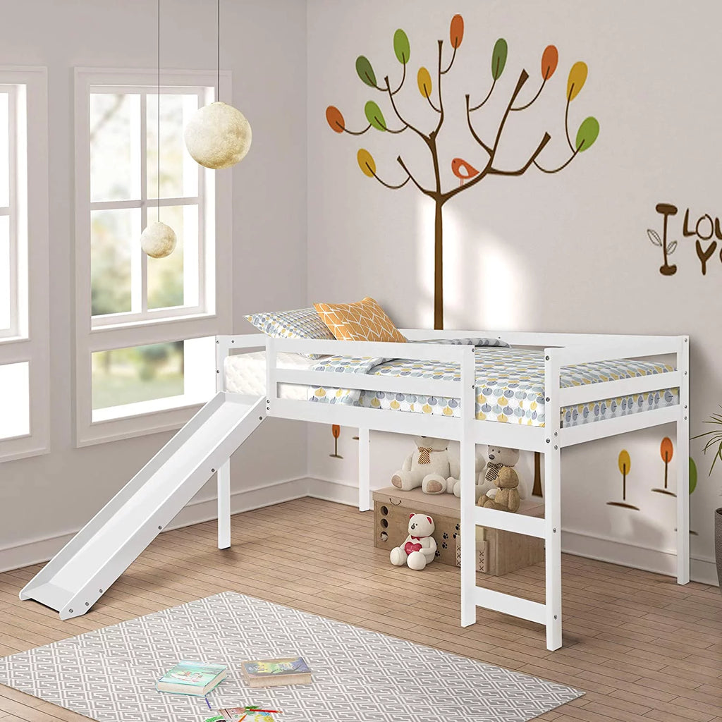 White Twin Size Wood Loft Bed with Slide and Ladder P7468