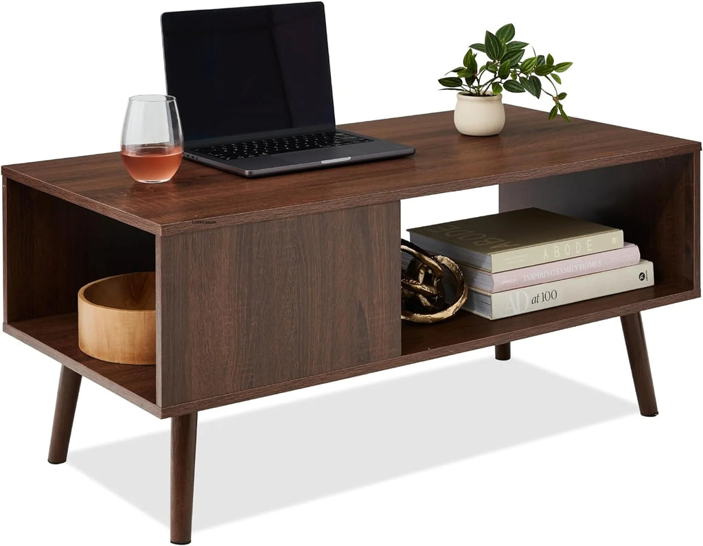 Mid-Century Modern Wooden Coffee Table with Open Storage Shelf B947