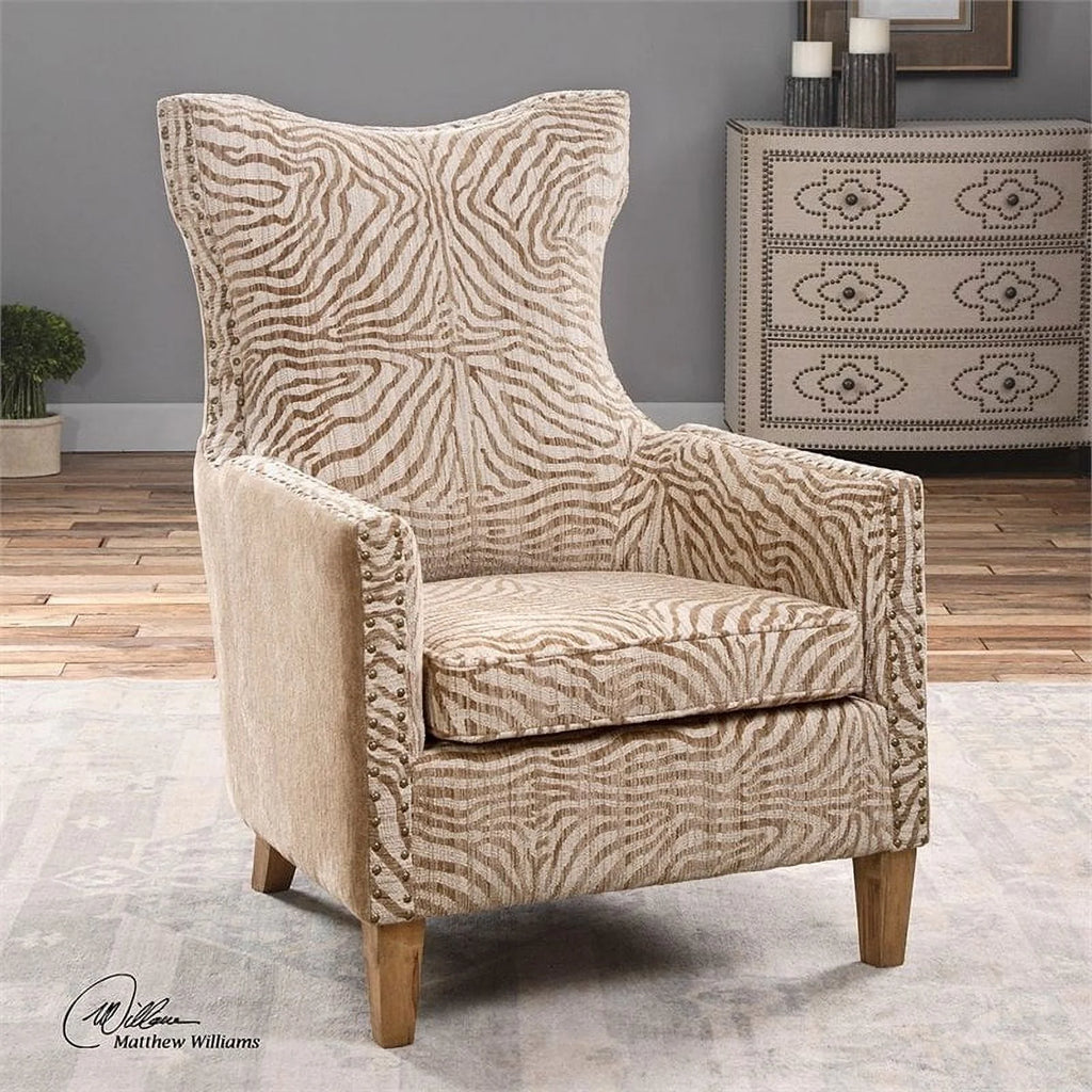 Brown Animal Pattern Fabric Wood Armchair I2770