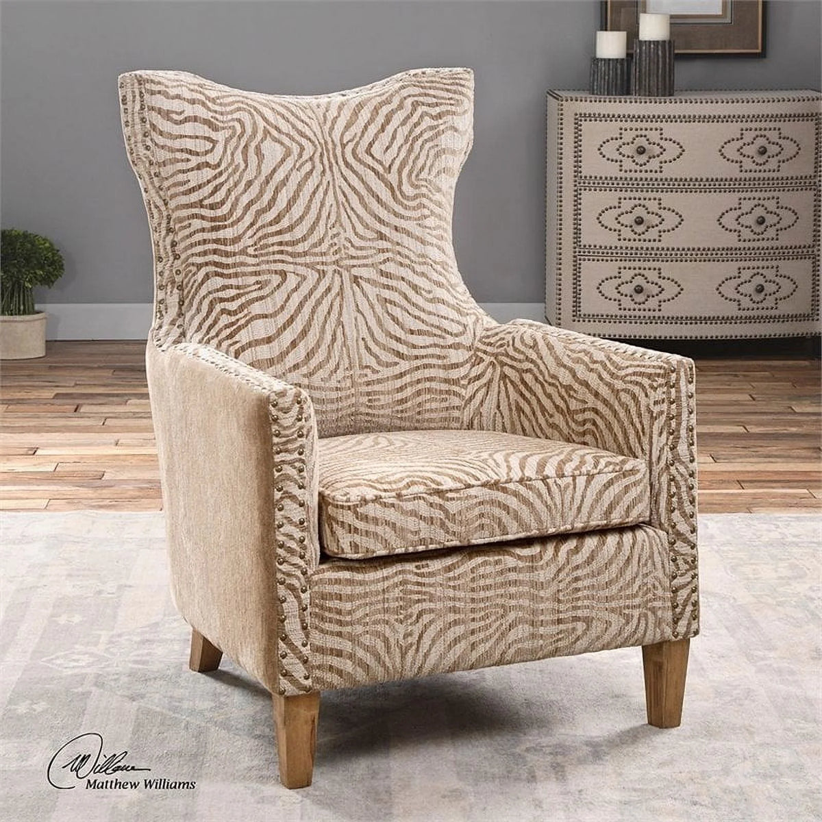 Brown Animal Pattern Fabric Wood Armchair I2770