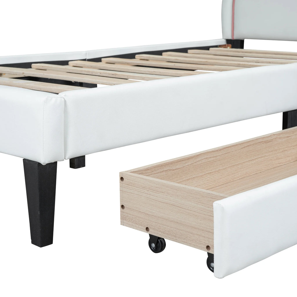White Twin Size Upholstered Leather Platform Bed with 2 Drawers E18332